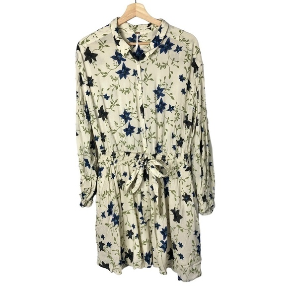 Free People Lighten Up White & Blue Floral Long Sleeve Mini Dress L - Picture 2 of 4